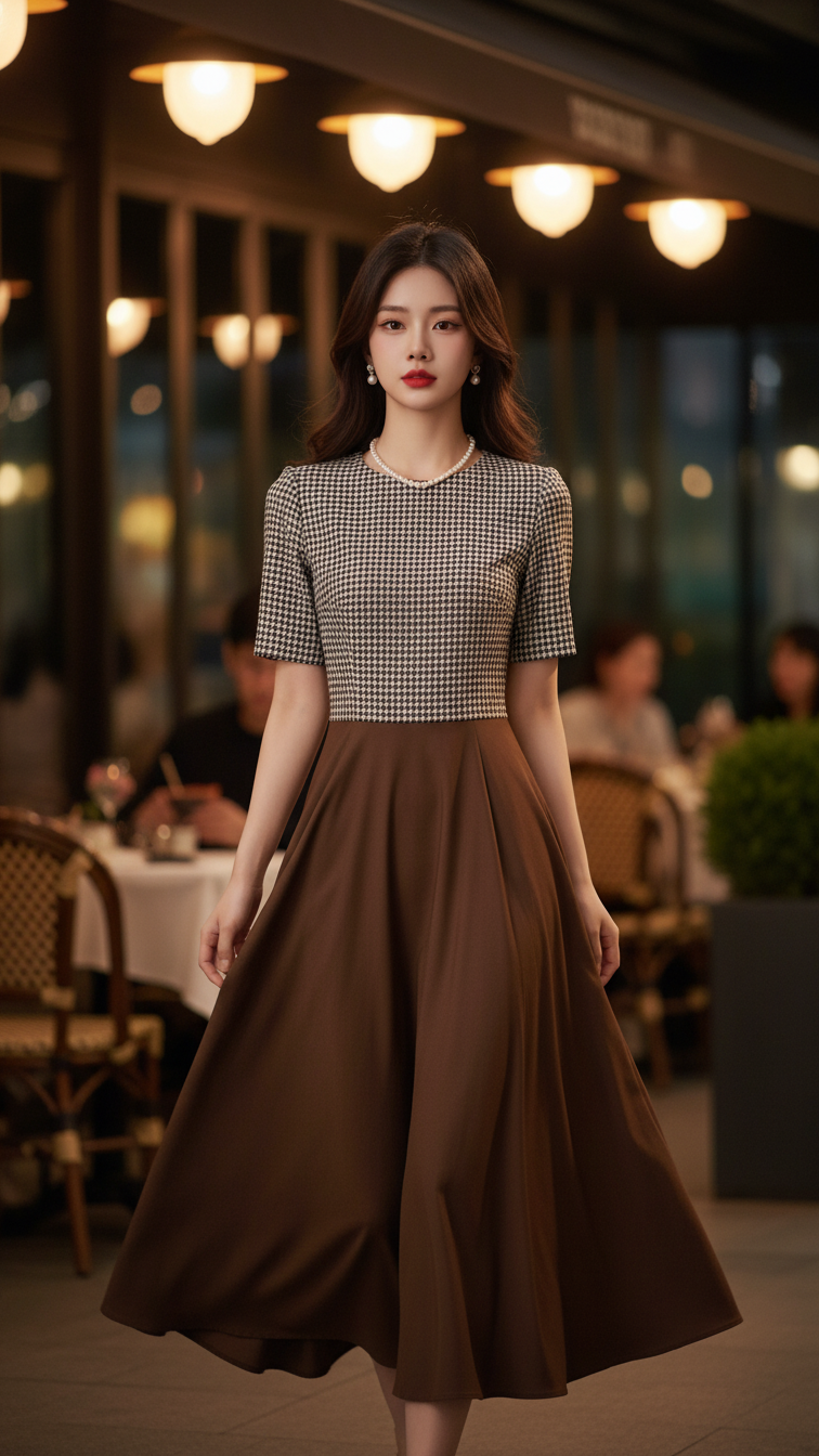 Vẽ chân dung thanh lịch của cô gái trẻ trong bộ váy xinh tại quán cà phê ngoài trời