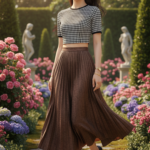 Chân dung thanh lịch của cô gái trẻ với trang phục thời thượng trong vườn hoa tuyệt đẹp