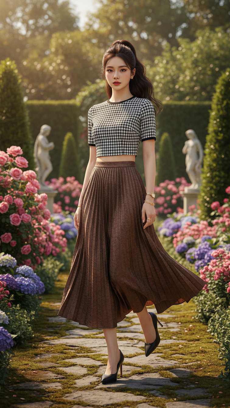 Chân dung thanh lịch của cô gái trẻ với trang phục thời thượng trong vườn hoa tuyệt đẹp