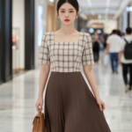 Chân dung nữ thanh lịch trong bộ váy checkered tại trung tâm thương mại sôi động