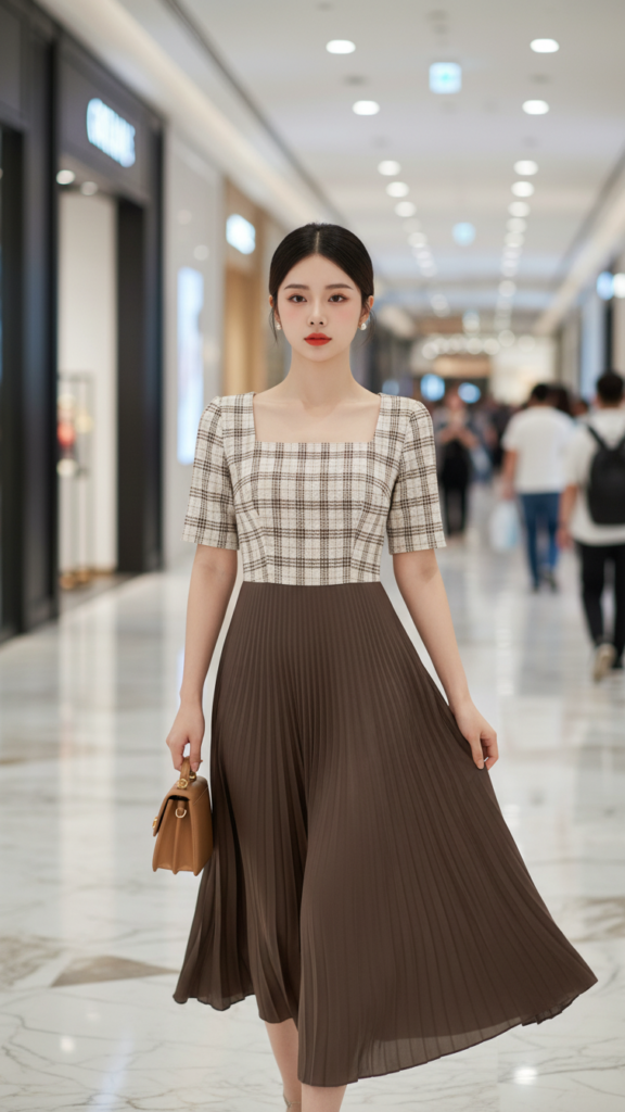 Chân dung nữ thanh lịch trong bộ váy checkered tại trung tâm thương mại sôi động