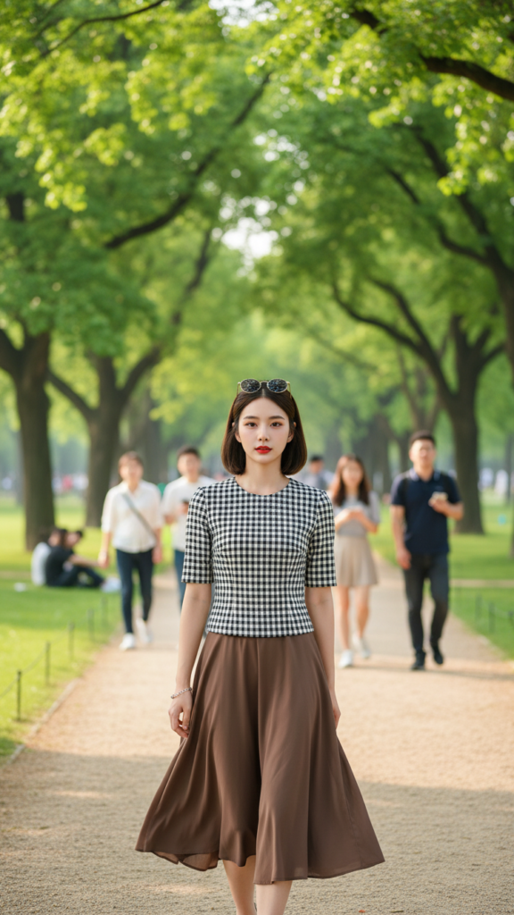 Chân dung cô gái trẻ thời thượng trong công viên với trang phục thanh lịch