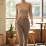 Chân dung cô gái trẻ trong quán cafe với phong cách thời trang hiện đại