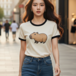 Chân dung thanh lịch của người mẫu trẻ với áo phông họa tiết dễ thương trên phố thời thượng