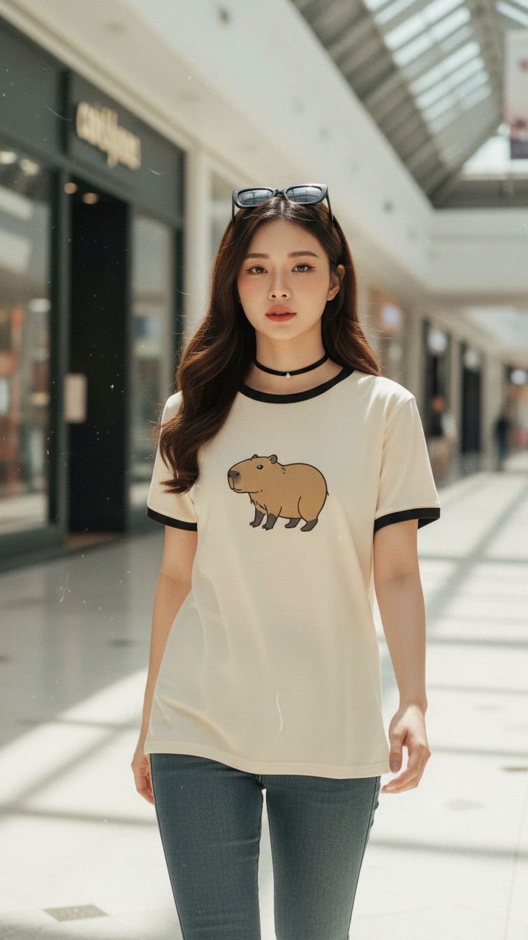 Chân dung trẻ trung với áo phông cá tính giữa trung tâm thương mại sang trọng