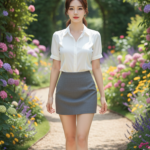 Chân dung trẻ trung giữa vườn hoa sắc màu của cô gái trong chiếc áo trắng và chân váy xám