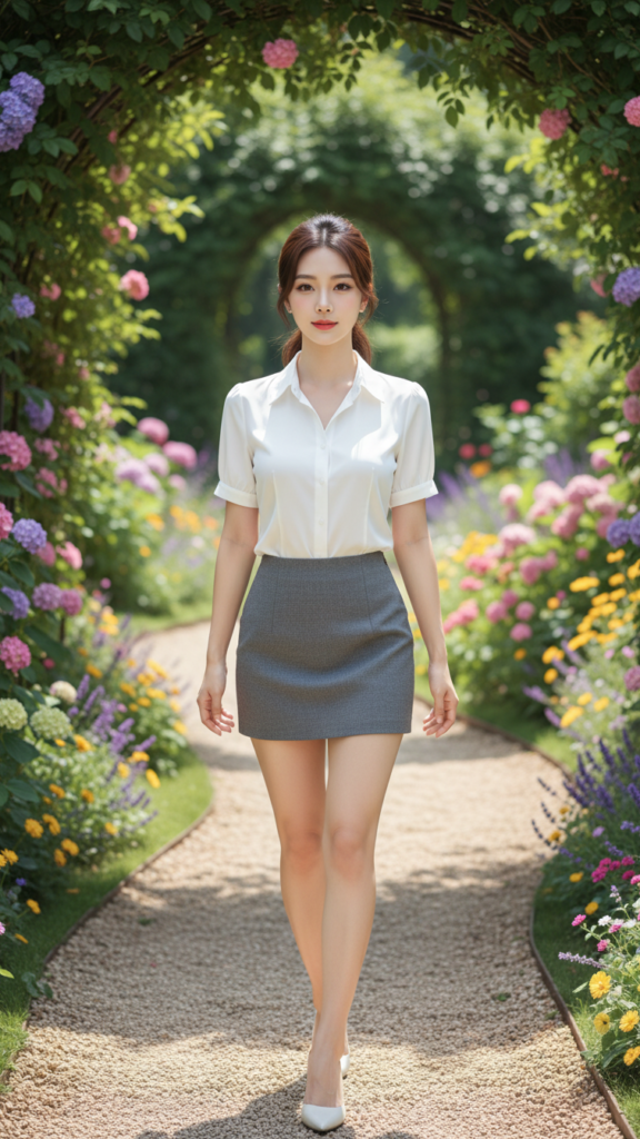 Chân dung trẻ trung giữa vườn hoa sắc màu của cô gái trong chiếc áo trắng và chân váy xám