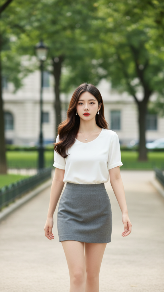 Chân dung thanh lịch của cô gái trẻ trong công viên thành phố quyến rũ