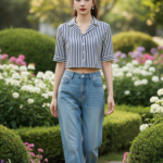 Nữ người mẫu tự tin trong trang phục thời thượng giữa không gian vườn tươi đẹp