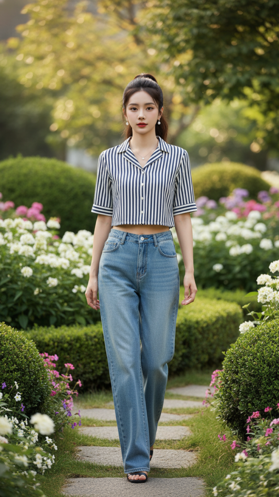 Nữ người mẫu tự tin trong trang phục thời thượng giữa không gian vườn tươi đẹp