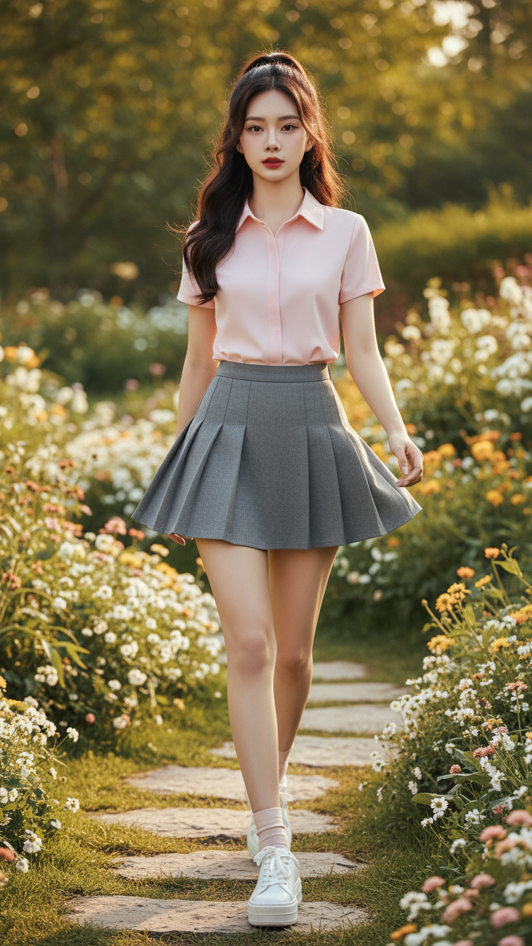 Chân dung nữ thanh niên trong vườn yên bình với phong cách thời trang trẻ trung