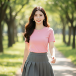 Chân dung thời trang của cô gái trẻ trong bối cảnh công viên rực nắng