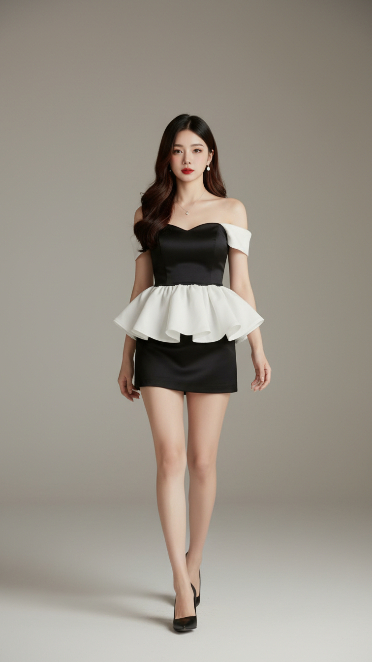 Chân dung cô gái trẻ với trang phục đen trắng nổi bật dưới ánh sáng studio