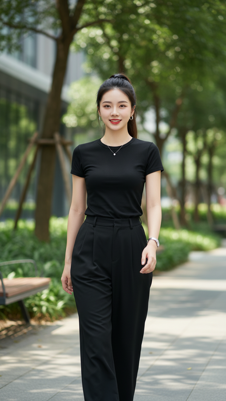 Chân dung cô gái trẻ phong cách đơn giản giữa công viên đô thị tươi đẹp