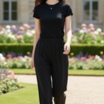 Chân dung cô gái trẻ thanh lịch trong trang phục đen bên khu vườn lãng mạn