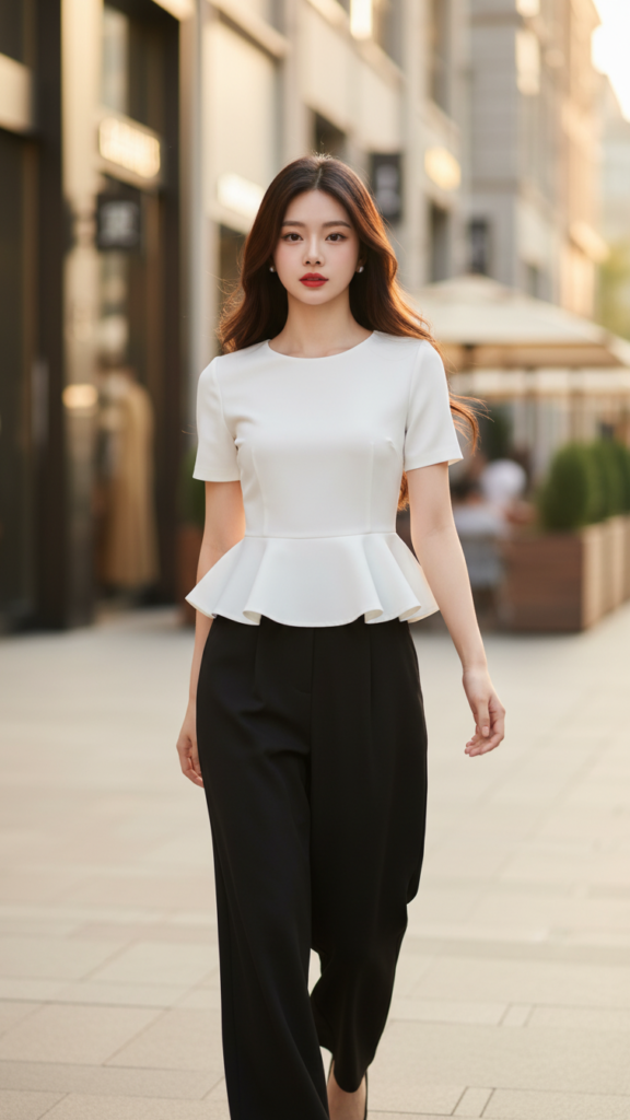 Chân dung thanh lịch của cô gái trẻ trong trang phục thời thượng tại phố cao cấp