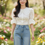 Chân dung cô gái trẻ trong trang phục thời thượng giữa vườn hoa tươi đẹp