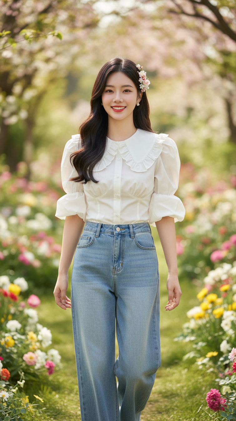 Chân dung cô gái trẻ trong trang phục thời thượng giữa vườn hoa tươi đẹp