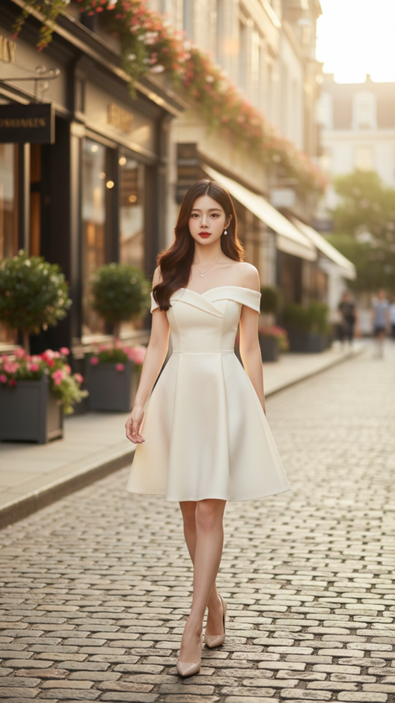Chân dung cô gái trẻ tự tin trong váy kem giữa phố sang trọng