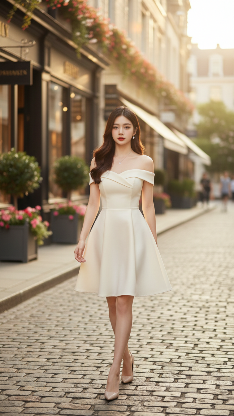 Chân dung cô gái trẻ tự tin trong váy kem giữa phố sang trọng