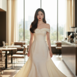 Chân dung cô gái trẻ trong quán cà phê sang trọng với áo đầm tinh tế và phong cách hiện đại