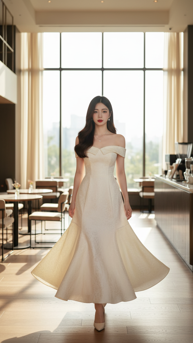 Chân dung cô gái trẻ trong quán cà phê sang trọng với áo đầm tinh tế và phong cách hiện đại