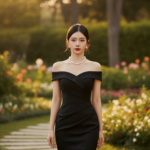 Chân dung thời trang trong khu vườn sang trọng với mẫu cô gái châu Á mặc váy đen ôm sát