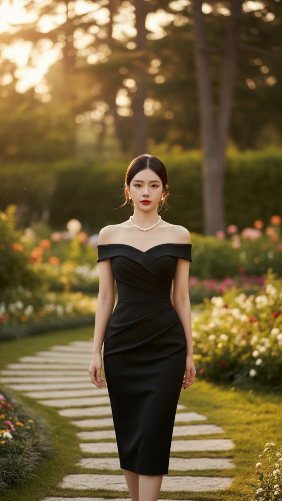 Chân dung thời trang trong khu vườn sang trọng với mẫu cô gái châu Á mặc váy đen ôm sát