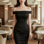 Chân dung gái trẻ tự tin trong đầm đen tại quán cà phê sang trọng