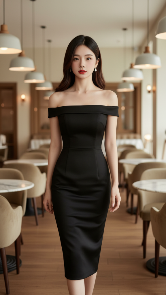 Chân dung gái trẻ tự tin trong đầm đen tại quán cà phê sang trọng