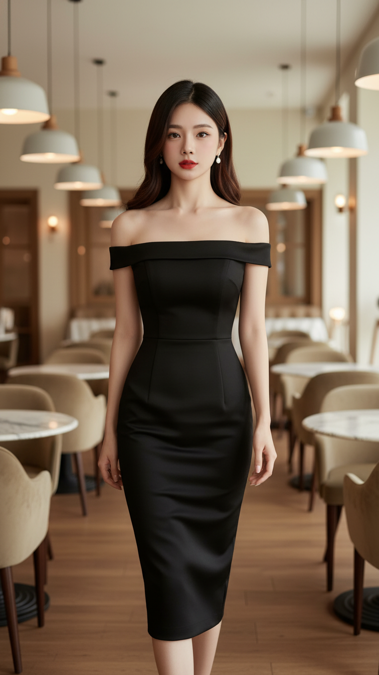 Chân dung gái trẻ tự tin trong đầm đen tại quán cà phê sang trọng