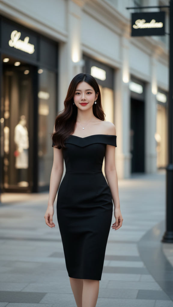 Chân dung cô gái trẻ trong trang phục đen quyến rũ giữa trung tâm mua sắm sang trọng