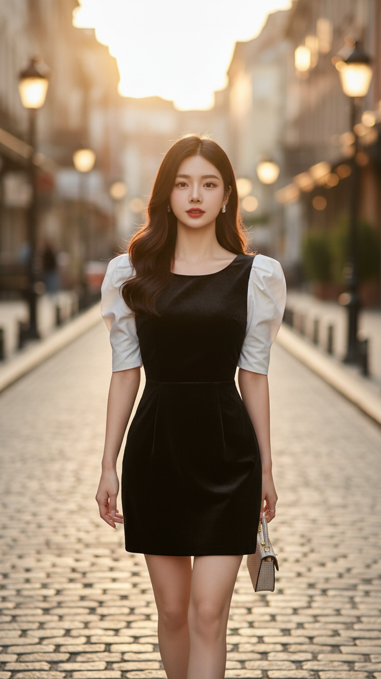 Chân dung quyến rũ của cô gái trong váy nhung đen giữa phố thị đầy nắng