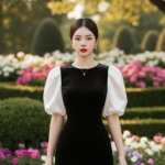 Chân dung cô gái trẻ trong khu vườn sang trọng với váy nhung đen quyến rũ