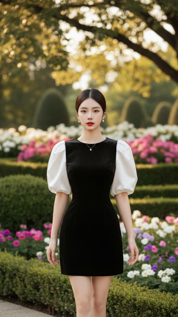 Chân dung cô gái trẻ trong khu vườn sang trọng với váy nhung đen quyến rũ