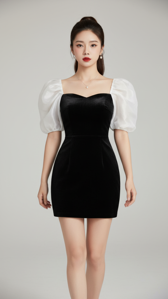 Chân dung người mẫu nữ trong váy nhung đen với ánh sáng studio hoàn hảo