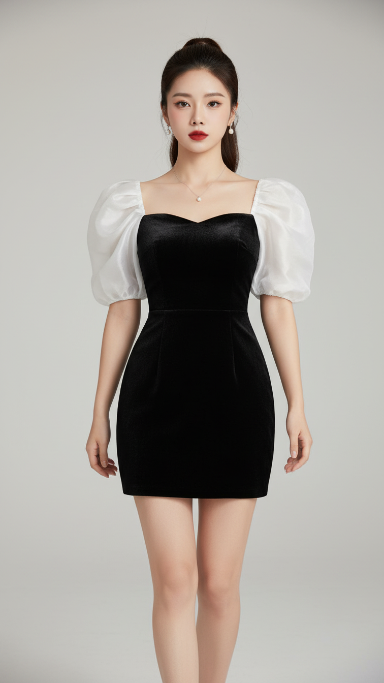 Chân dung người mẫu nữ trong váy nhung đen với ánh sáng studio hoàn hảo