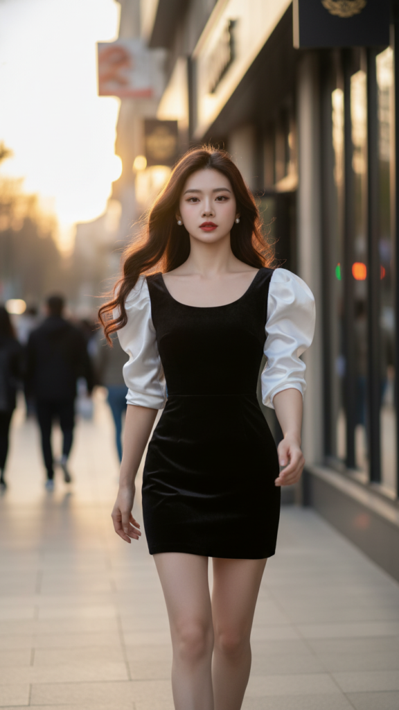 Chân dung nữ sinh hiện đại trong bộ váy thời thượng giữa phố xá sôi động