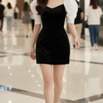 Chân dung nữ mặc váy nhung đen tại trung tâm mua sắm sang trọng