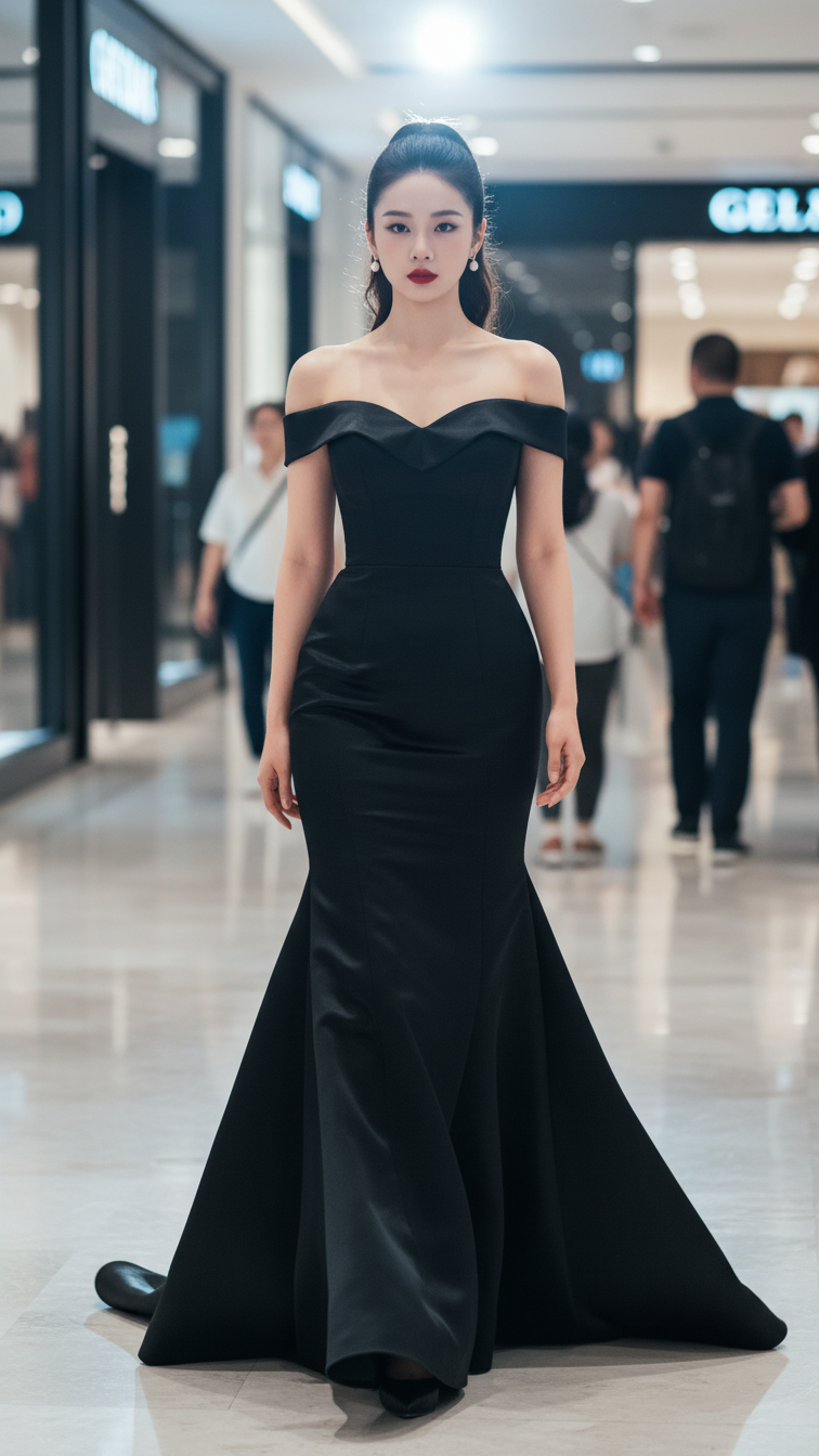 Chân dung trẻ trung tại trung tâm mua sắm sang trọng với trang phục đen quyến rũ