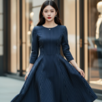 Chân dung cô gái trẻ tự tin trong bộ váy navy sọc tinh tế giữa phố sang trọng