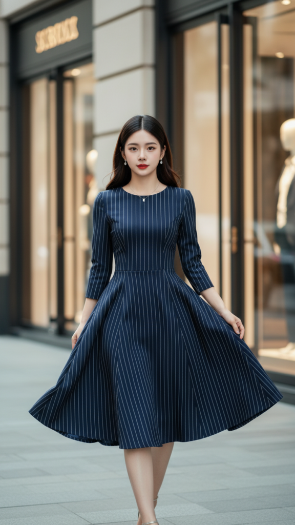 Chân dung cô gái trẻ tự tin trong bộ váy navy sọc tinh tế giữa phố sang trọng