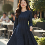 Dáng vẻ thanh lịch trong bộ đầm kẻ navy giữa không gian quán cafe nắng nhẹ