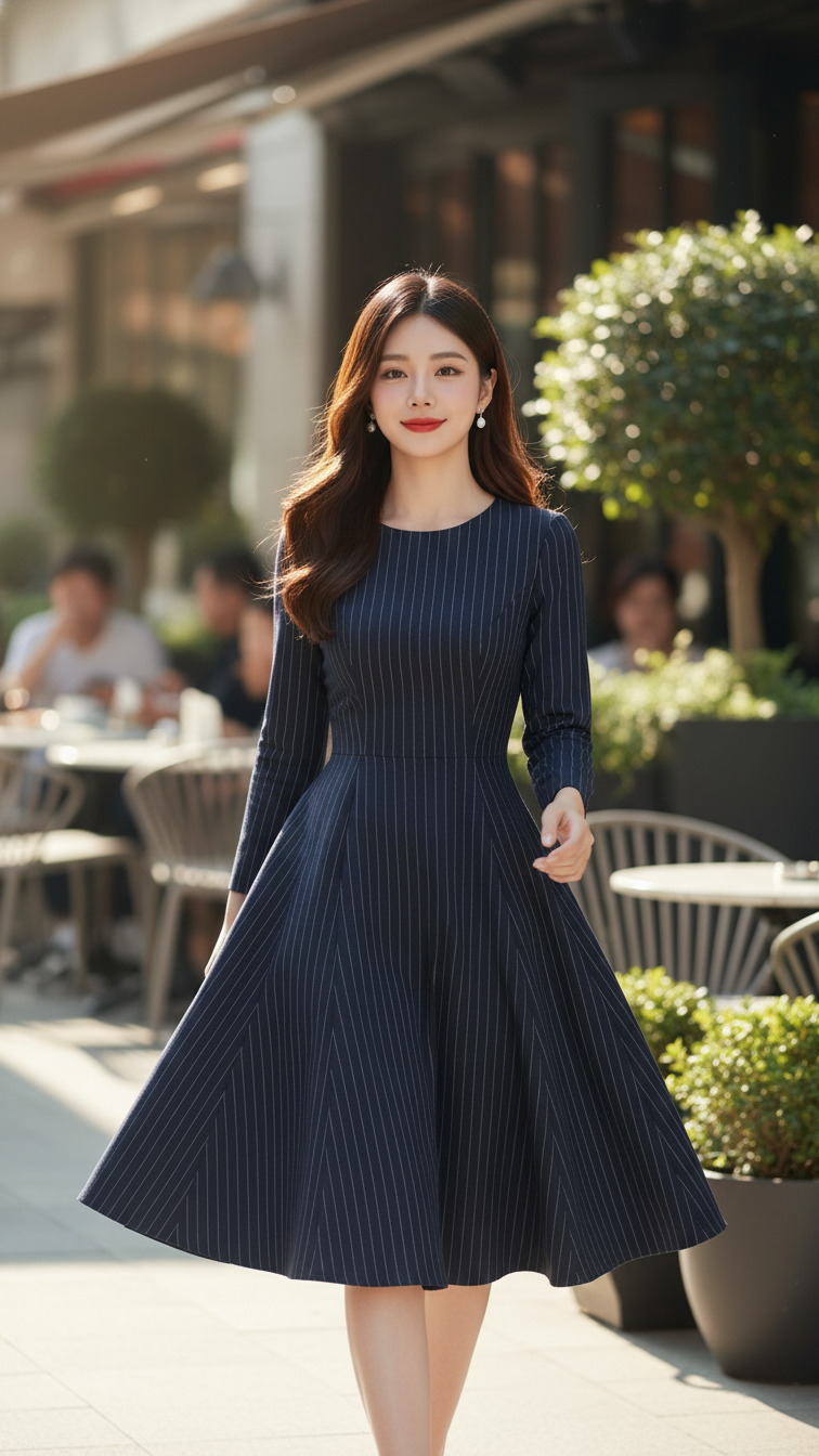 Dáng vẻ thanh lịch trong bộ đầm kẻ navy giữa không gian quán cafe nắng nhẹ