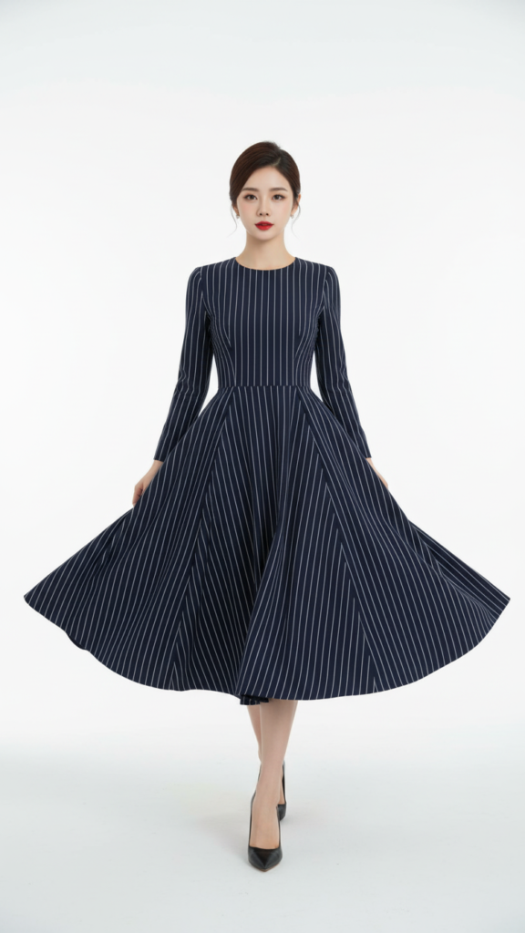 Bức chân dung ấn tượng của người mẫu với đầm navy sọc tinh tế và phong cách tự tin