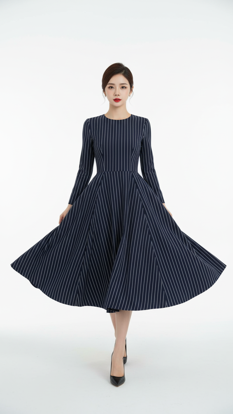 Bức chân dung ấn tượng của người mẫu với đầm navy sọc tinh tế và phong cách tự tin