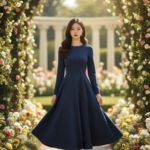 Chân dung thanh lịch của cô gái trẻ trong vườn hoa rực rỡ với váy kẻ sọc navy