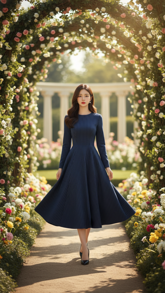 Chân dung thanh lịch của cô gái trẻ trong vườn hoa rực rỡ với váy kẻ sọc navy