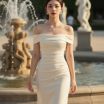 Ảnh chân dung nữ sinh tự tin trong công viên lãng mạn với váy màu kem cổ điển