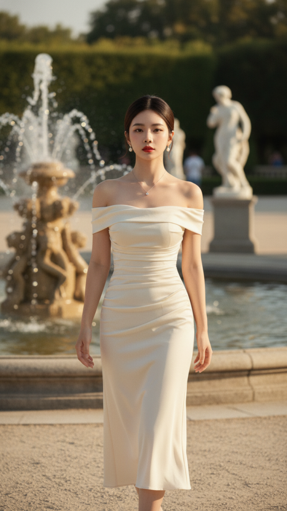 Ảnh chân dung nữ sinh tự tin trong công viên lãng mạn với váy màu kem cổ điển